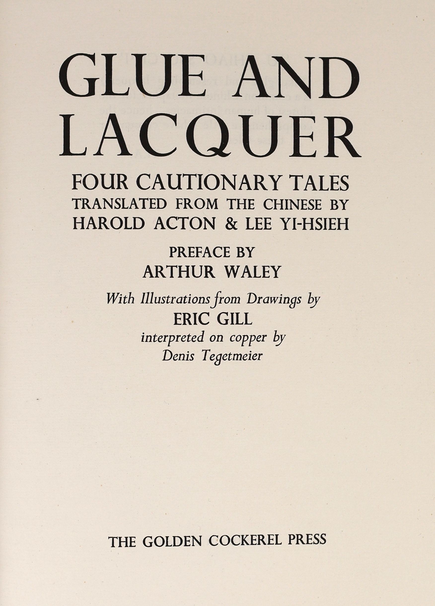 Golden Cockerel Press - Glue and Lacquer, one of 350, illustrated with 5 copper engravings of drawings Eric Gill, executed by his son-in-law-law Denis Tegetmeier, 4to, original yellow boards with blue morocco spine, Walt